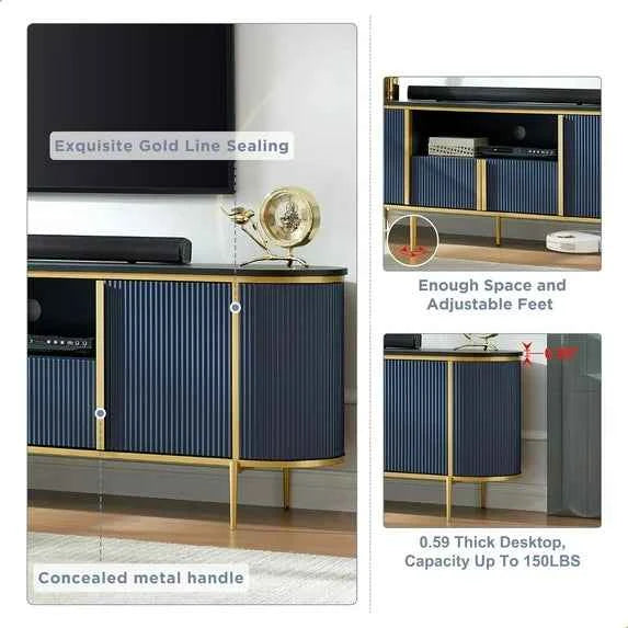 OKD Luxury 70" Fluted TV Stand – Navy Blue Wooden Entertainment Center with Marble Top for 80" TVs