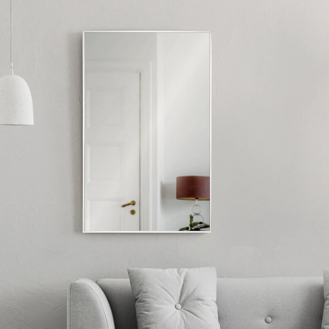 Mallory Rectangular Mirror – Polished Stainless-Steel Frame, 24″ x 36″, Vertical or Horizontal Mounting