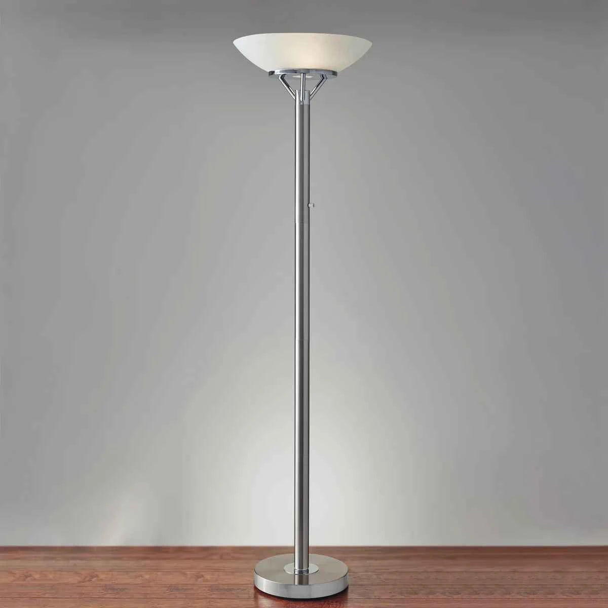 Expo Floor Lamp – Brushed Steel with Frosted Glass Shade (71.5 in.)