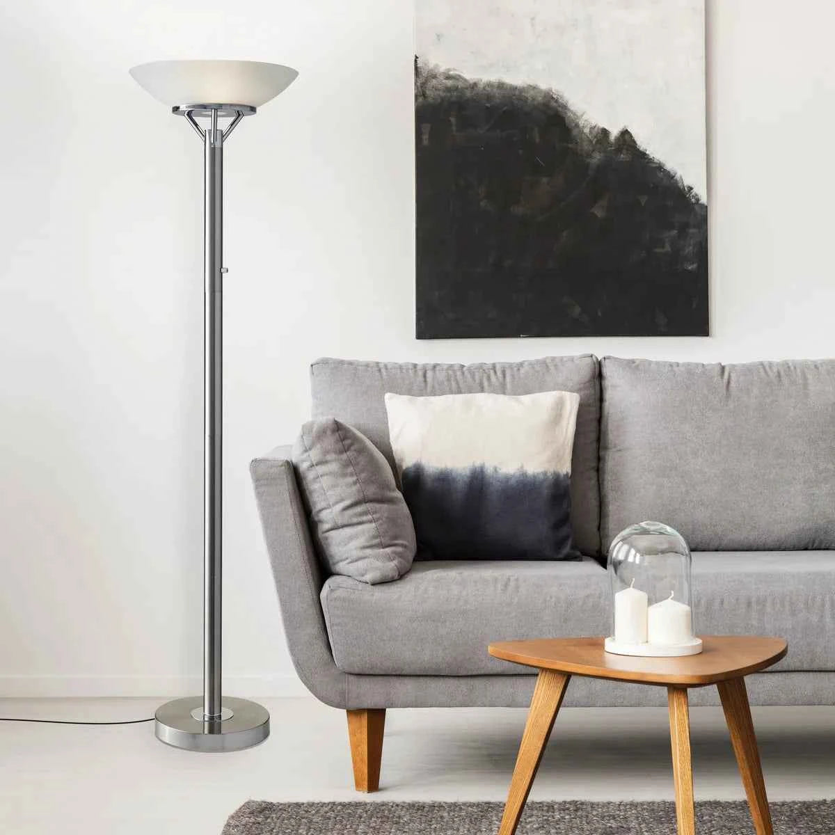 Expo Floor Lamp – Brushed Steel with Frosted Glass Shade (71.5 in.)