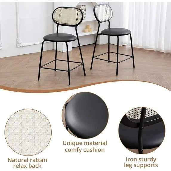 Dycanpo 24" Rattan Bar Stools Set of 2 – Round Faux Leather Barstools for Kitchen, Black
