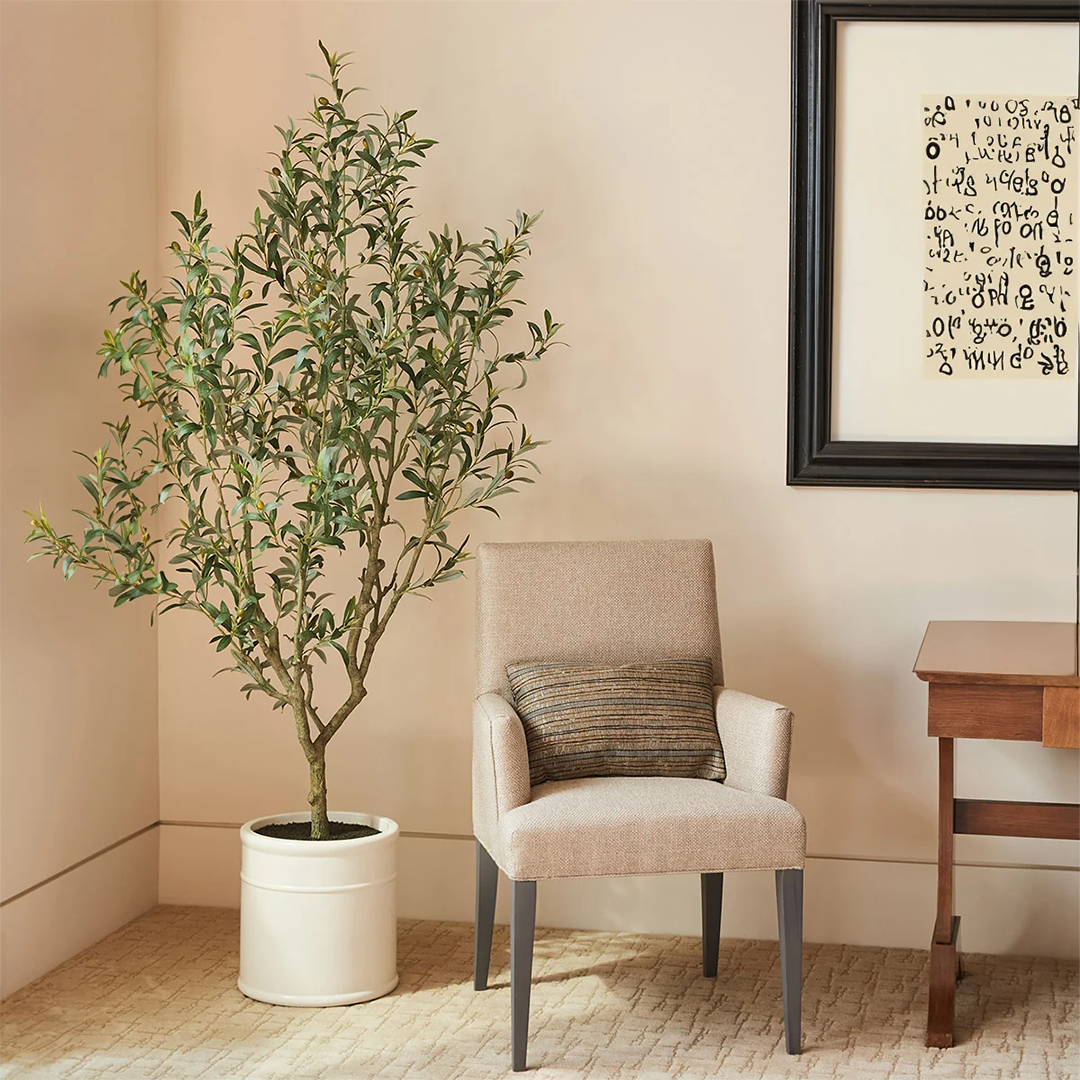 Faux Olive Tree 1.9 m (6.5 ft) – Lifelike Indoor Artificial Tree with Shapable Wire Stems & Crock‑Style Planter