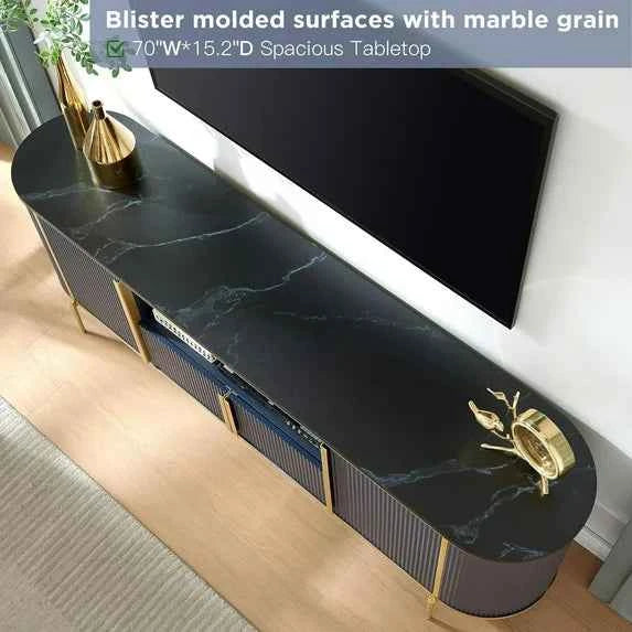 OKD Luxury 70" Fluted TV Stand – Navy Blue Wooden Entertainment Center with Marble Top for 80" TVs