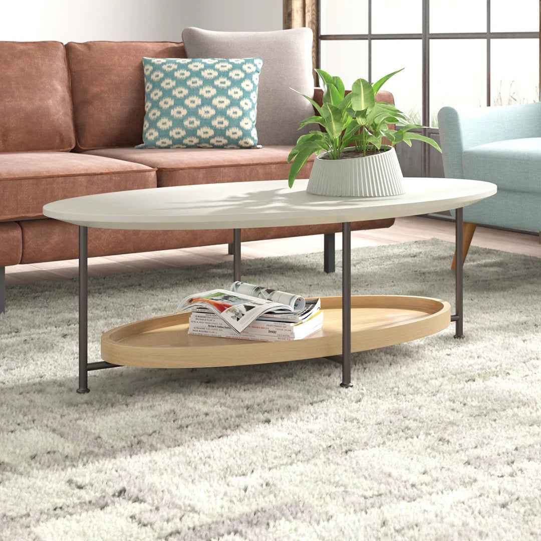 Beaumont Oval Coffee Table – White & Natural Wood Finish with Metal Frame