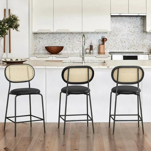 Dycanpo 24" Rattan Bar Stools Set of 2 – Round Faux Leather Barstools for Kitchen, Black