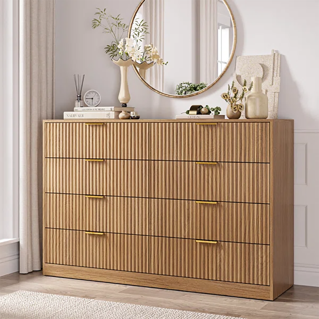 Fluted 8-Drawer Bedroom Dresser – 55" Wide Modern Chest with Sleek Metal Handles