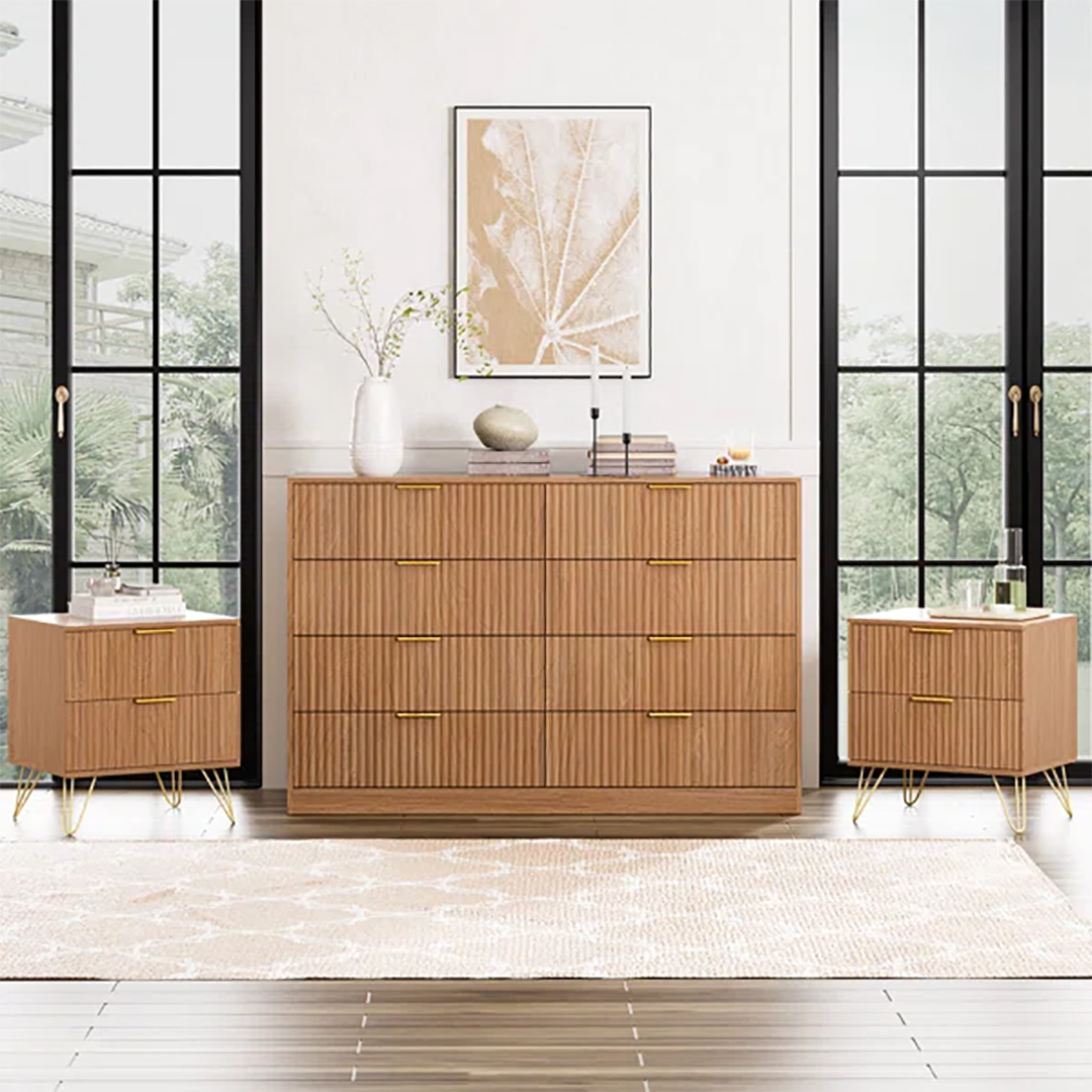 Fluted 8-Drawer Bedroom Dresser – 55" Wide Modern Chest with Sleek Metal Handles