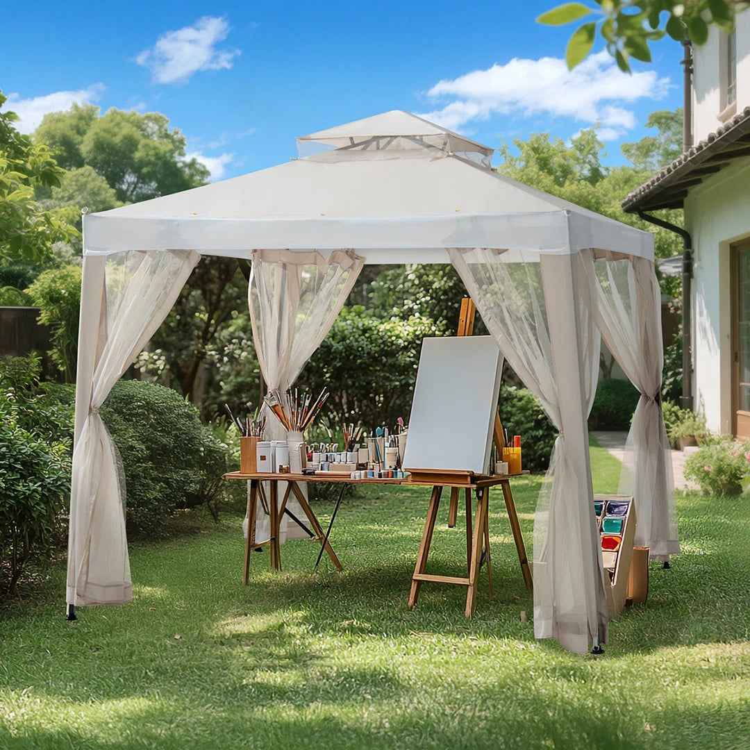 Sunjoy Soft Top Gazebo – Modern 2-Tier Steel Frame Outdoor Patio with Mesh Netting