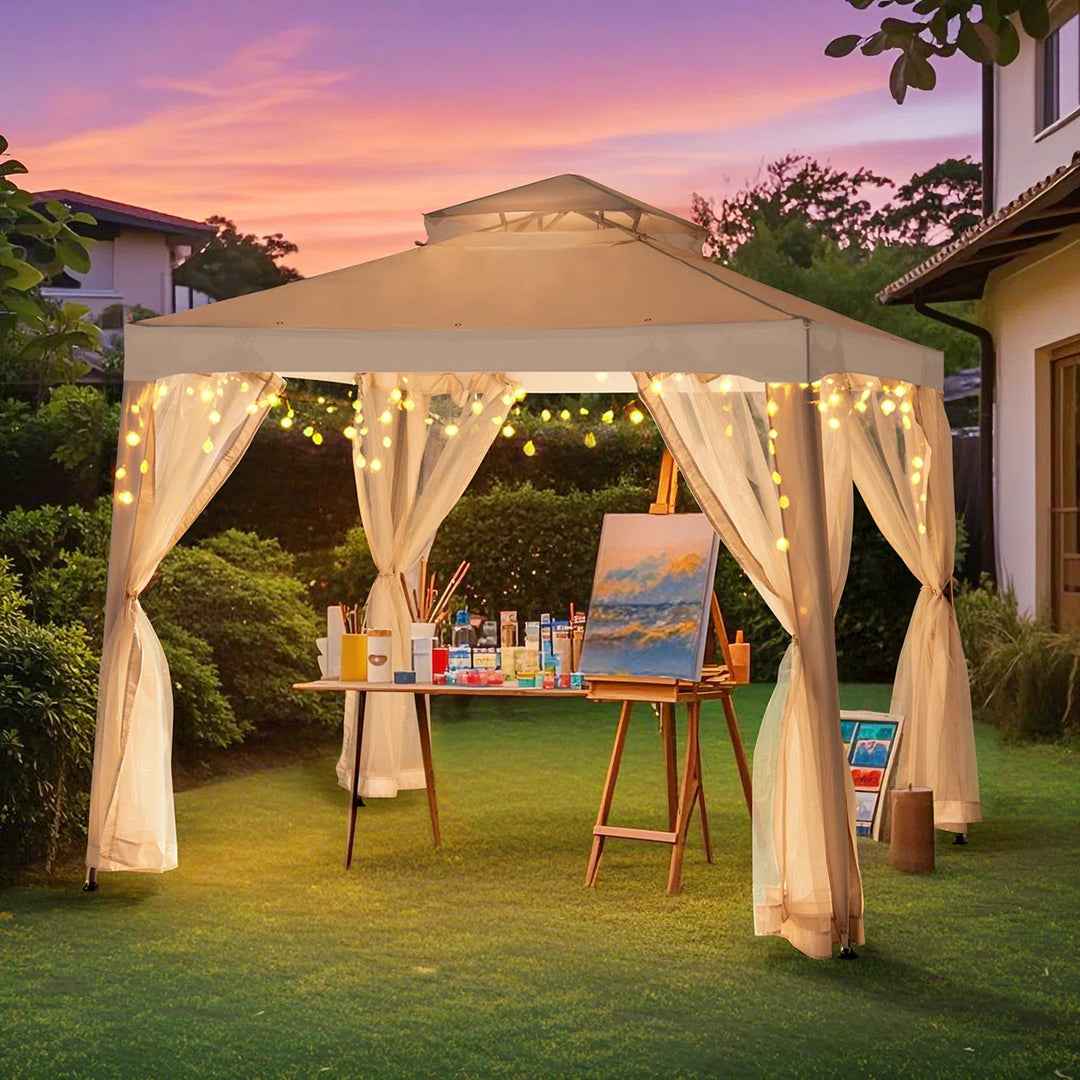 Sunjoy Soft Top Gazebo – Modern 2-Tier Steel Frame Outdoor Patio with Mesh Netting