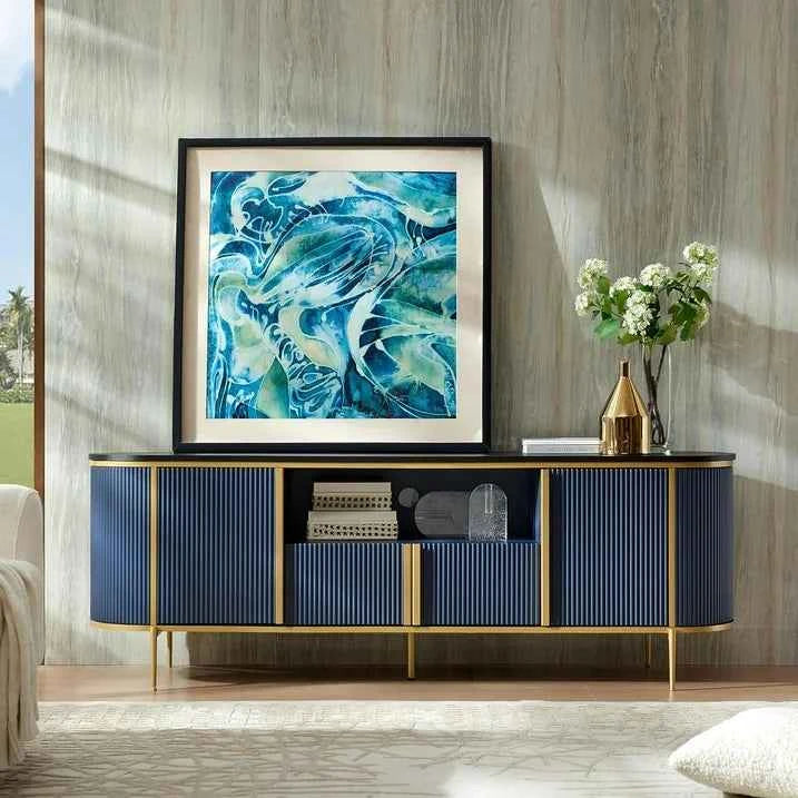 OKD Luxury 70" Fluted TV Stand – Navy Blue Wooden Entertainment Center with Marble Top for 80" TVs