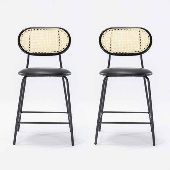 Dycanpo 24" Rattan Bar Stools Set of 2 – Round Faux Leather Barstools for Kitchen, Black