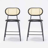 Dycanpo 24" Rattan Bar Stools Set of 2 – Round Faux Leather Barstools for Kitchen, Black