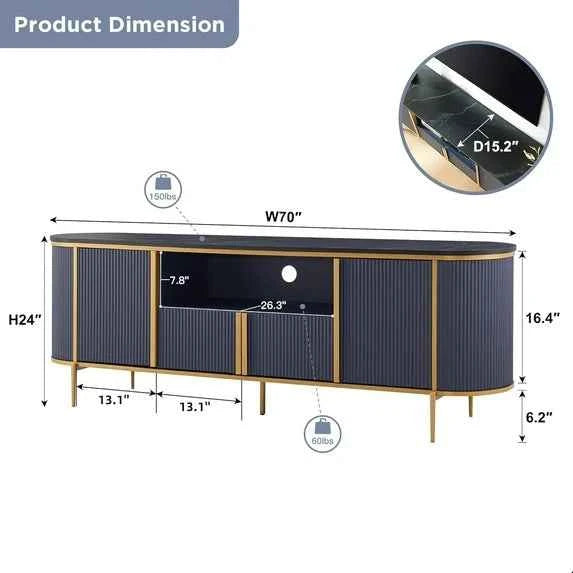 OKD Luxury 70" Fluted TV Stand – Navy Blue Wooden Entertainment Center with Marble Top for 80" TVs