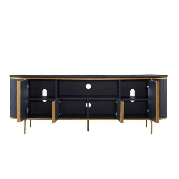 OKD Luxury 70" Fluted TV Stand – Navy Blue Wooden Entertainment Center with Marble Top for 80" TVs
