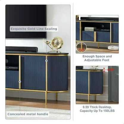 OKD Luxury 70" Fluted TV Stand – Navy Blue Wooden Entertainment Center with Marble Top for 80" TVs
