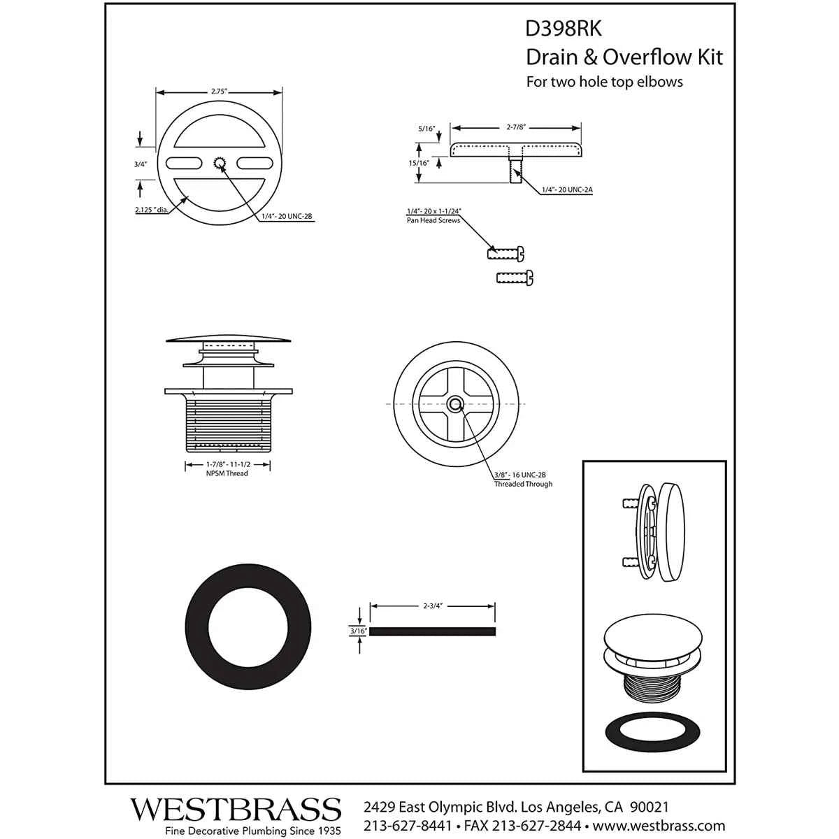 1.5" Coarse Thread Tip-Toe Bathtub Drain with Overflow Plate D398RK-62 – Durable & Easy Drain Solution