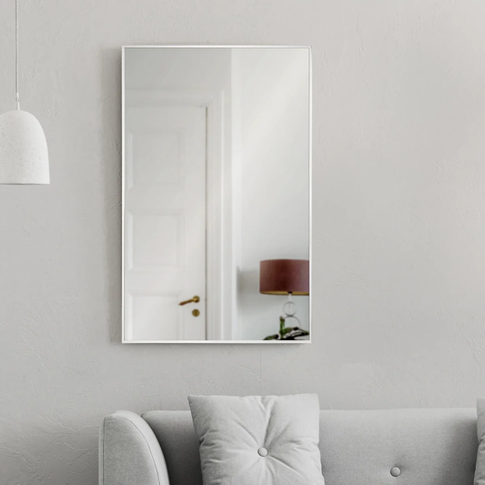 Mallory Rectangular Mirror – Polished Stainless-Steel Frame, 24″ x 36″, Vertical or Horizontal Mounting