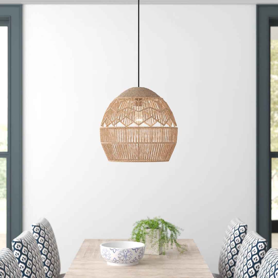 15.5" Ames Metal & Woven Hemp Rope Hanging Pendant Light – Rustic Brown Ceiling Fixture