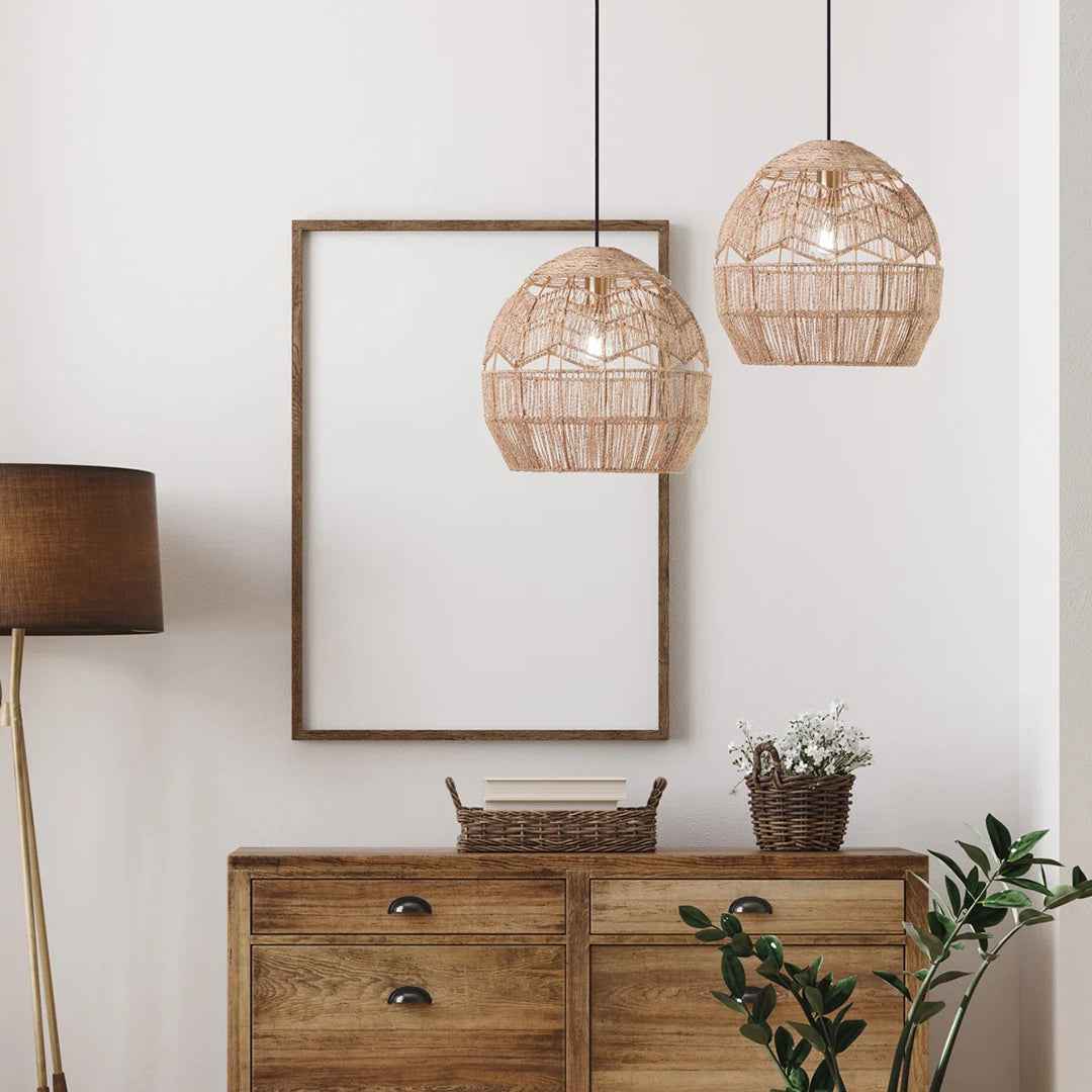15.5" Ames Metal & Woven Hemp Rope Hanging Pendant Light – Rustic Brown Ceiling Fixture