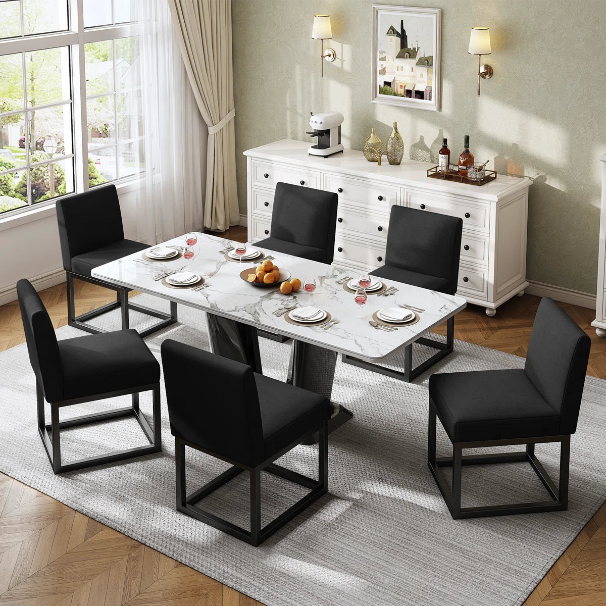 Dining Chairs – Set of 6 Modern Linen Kitchen Chairs with Sturdy Metal Frame