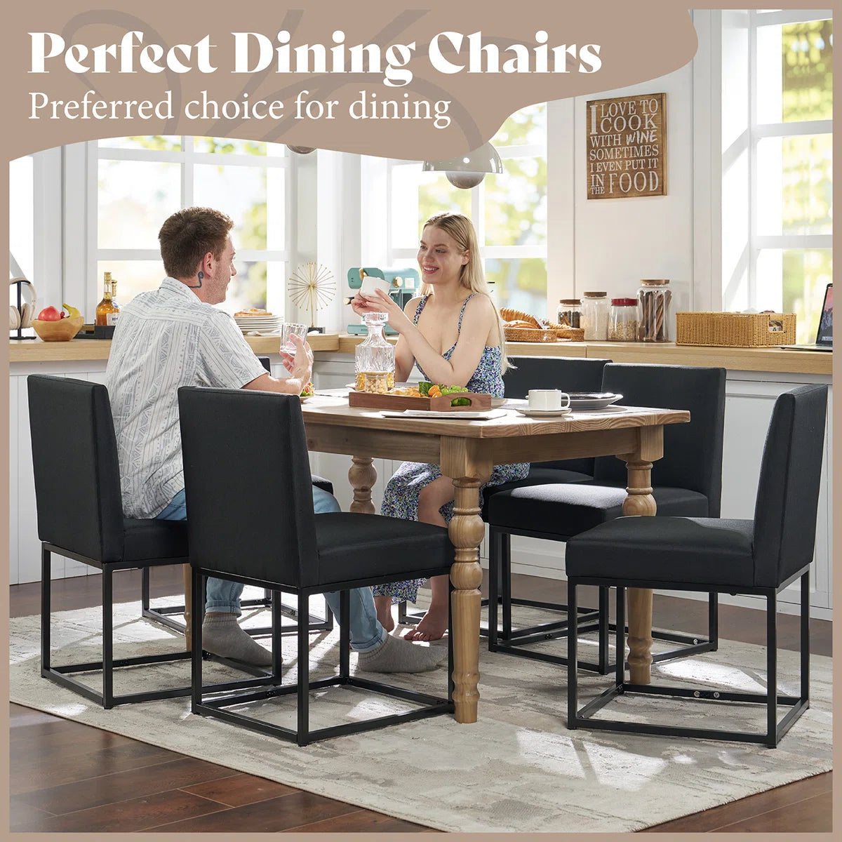 Dining Chairs – Set of 6 Modern Linen Kitchen Chairs with Sturdy Metal Frame