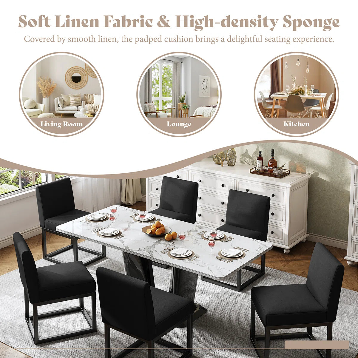Dining Chairs – Set of 6 Modern Linen Kitchen Chairs with Sturdy Metal Frame