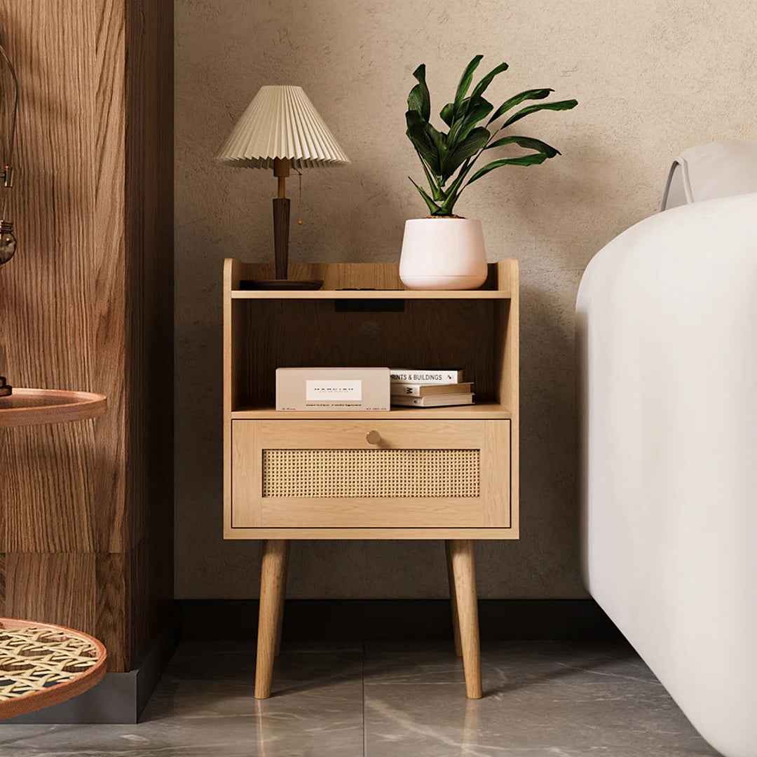 23.6" Tall Rattan Nightstand with Drawer & Built-In Charging Station – Boho Bedside Table