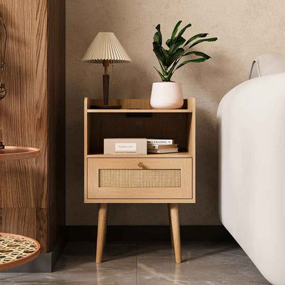 23.6" Tall Rattan Nightstand with Drawer & Built-In Charging Station – Boho Bedside Table