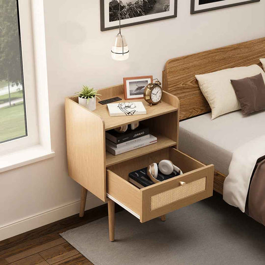 23.6" Tall Rattan Nightstand with Drawer & Built-In Charging Station – Boho Bedside Table