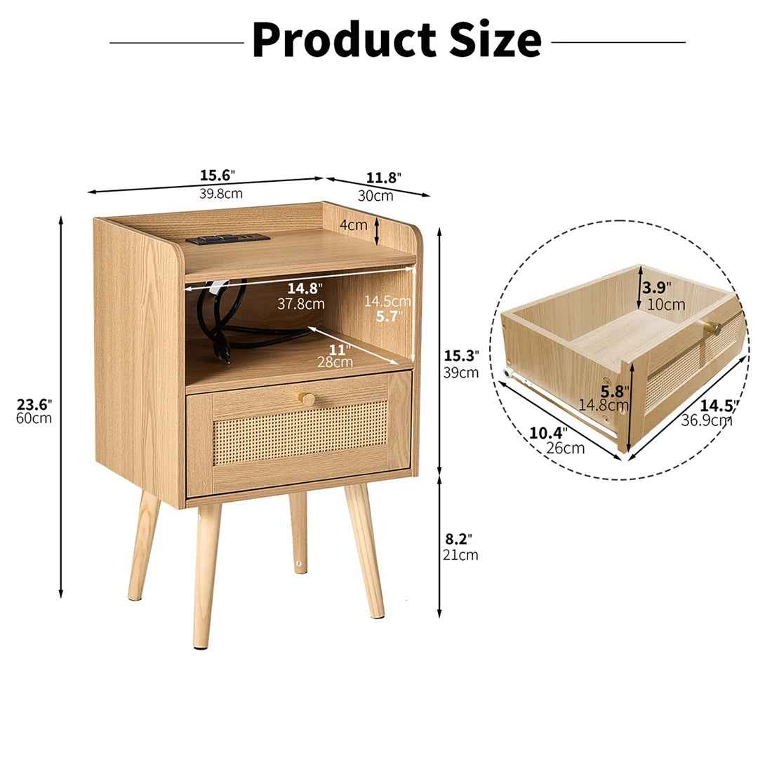23.6" Tall Rattan Nightstand with Drawer & Built-In Charging Station – Boho Bedside Table