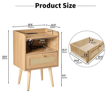 23.6" Tall Rattan Nightstand with Drawer & Built-In Charging Station – Boho Bedside Table