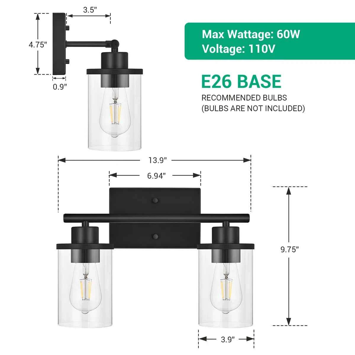 2-Light Dimmable Vanity Light – Adjustable Brightness for Bathroom & Dressing Area