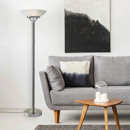 Expo Floor Lamp – Brushed Steel with Frosted Glass Shade (71.5 in.)