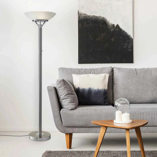 Expo Floor Lamp – Brushed Steel with Frosted Glass Shade (71.5 in.)