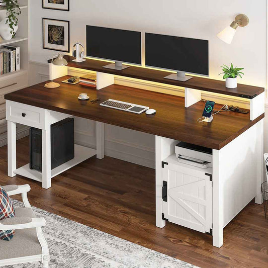 55" Farmhouse Computer Desk with Drawers, Monitor Shelf & Built-in Power Outlets – Home Office Desk