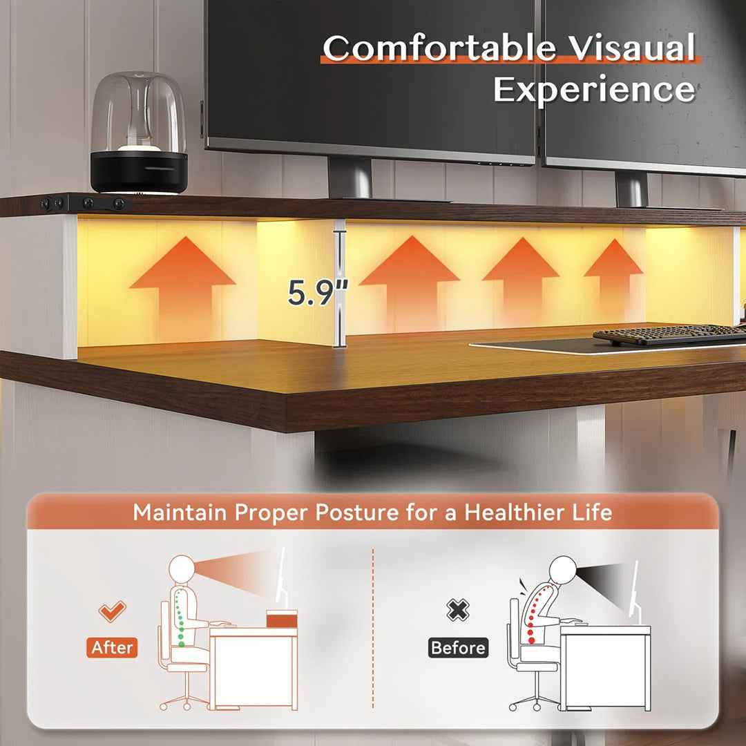 55" Farmhouse Computer Desk with Drawers, Monitor Shelf & Built-in Power Outlets – Home Office Desk