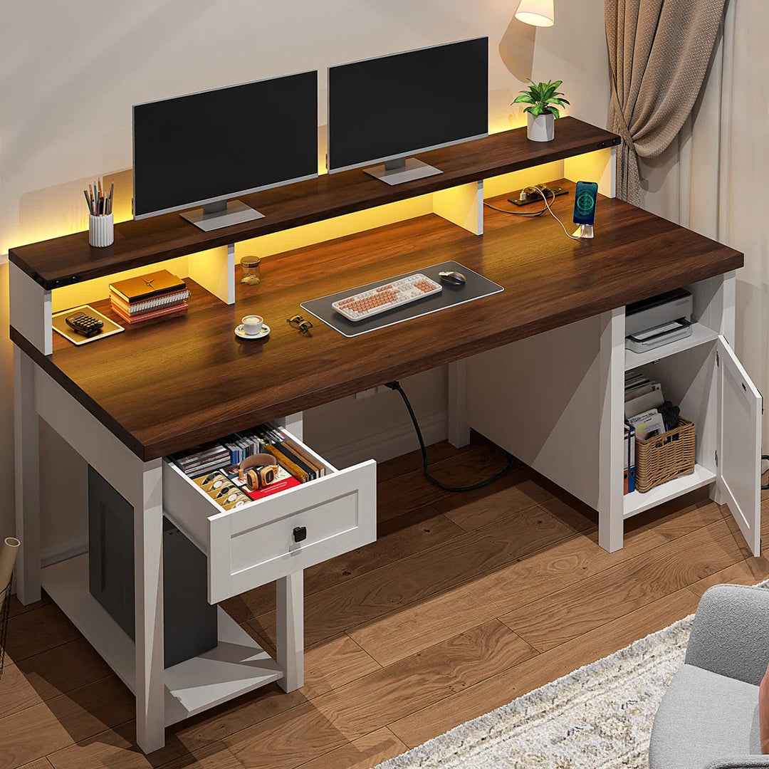 55" Farmhouse Computer Desk with Drawers, Monitor Shelf & Built-in Power Outlets – Home Office Desk