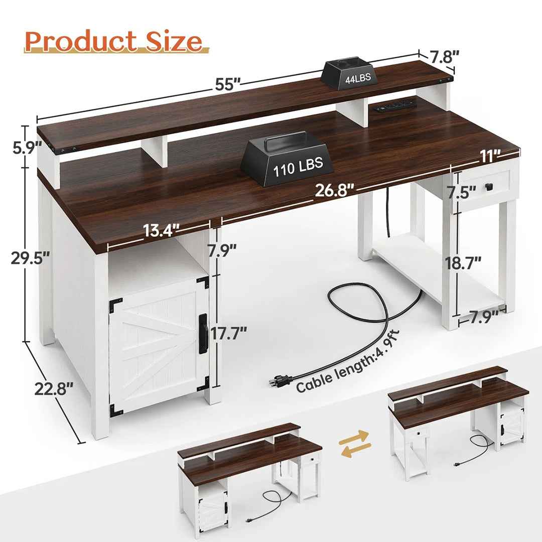 55" Farmhouse Computer Desk with Drawers, Monitor Shelf & Built-in Power Outlets – Home Office Desk