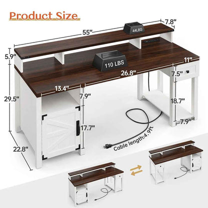 55" Farmhouse Computer Desk with Drawers, Monitor Shelf & Built-in Power Outlets – Home Office Desk