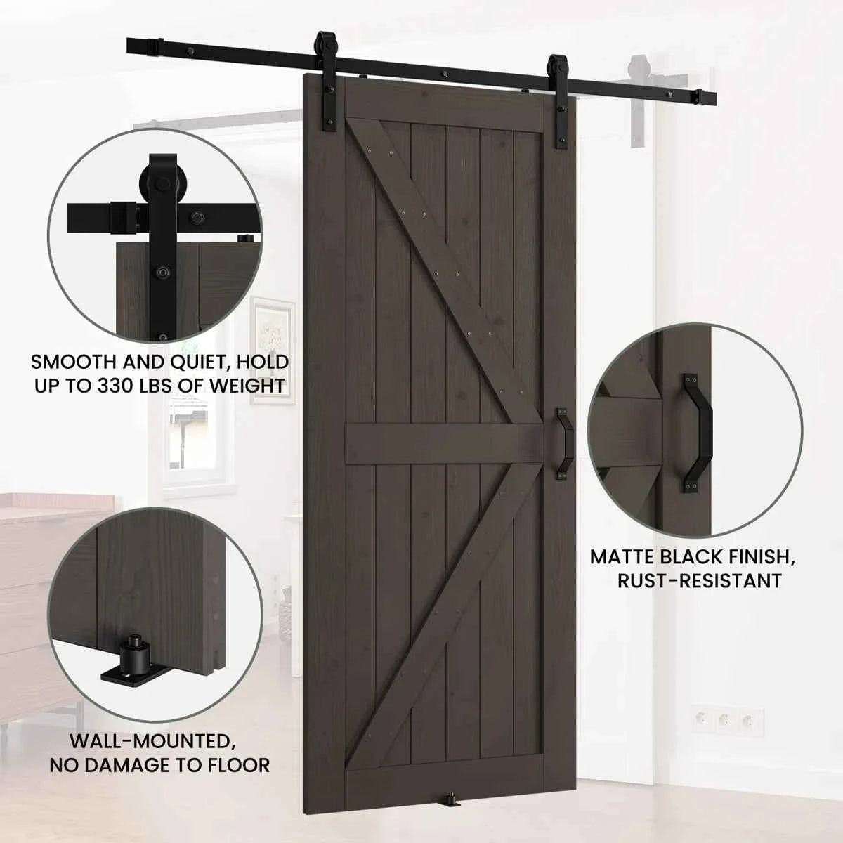 84" Panelled Solid Wood Finished Barn Door with Installation Hardware Kits