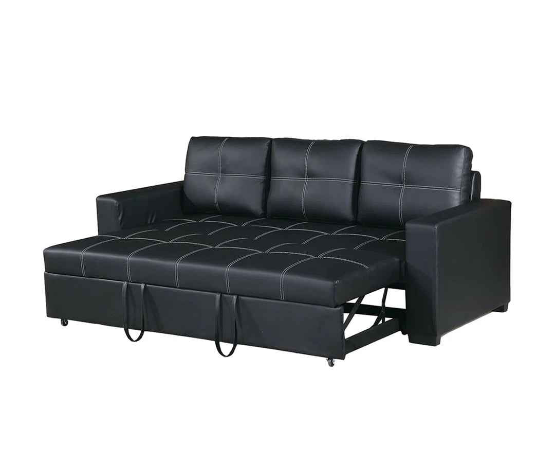 Convertible Sofa in Black Faux Leather – Modern Sleeper Sofa with Adjustable Backrest
