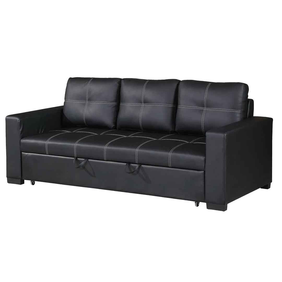 Convertible Sofa in Black Faux Leather – Modern Sleeper Sofa with Adjustable Backrest