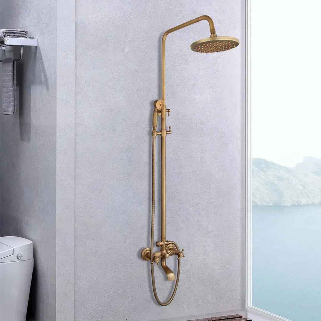 Antique Brass Exposed Shower System Bathroom 8"Rain Shower Faucet Set Tub Filler