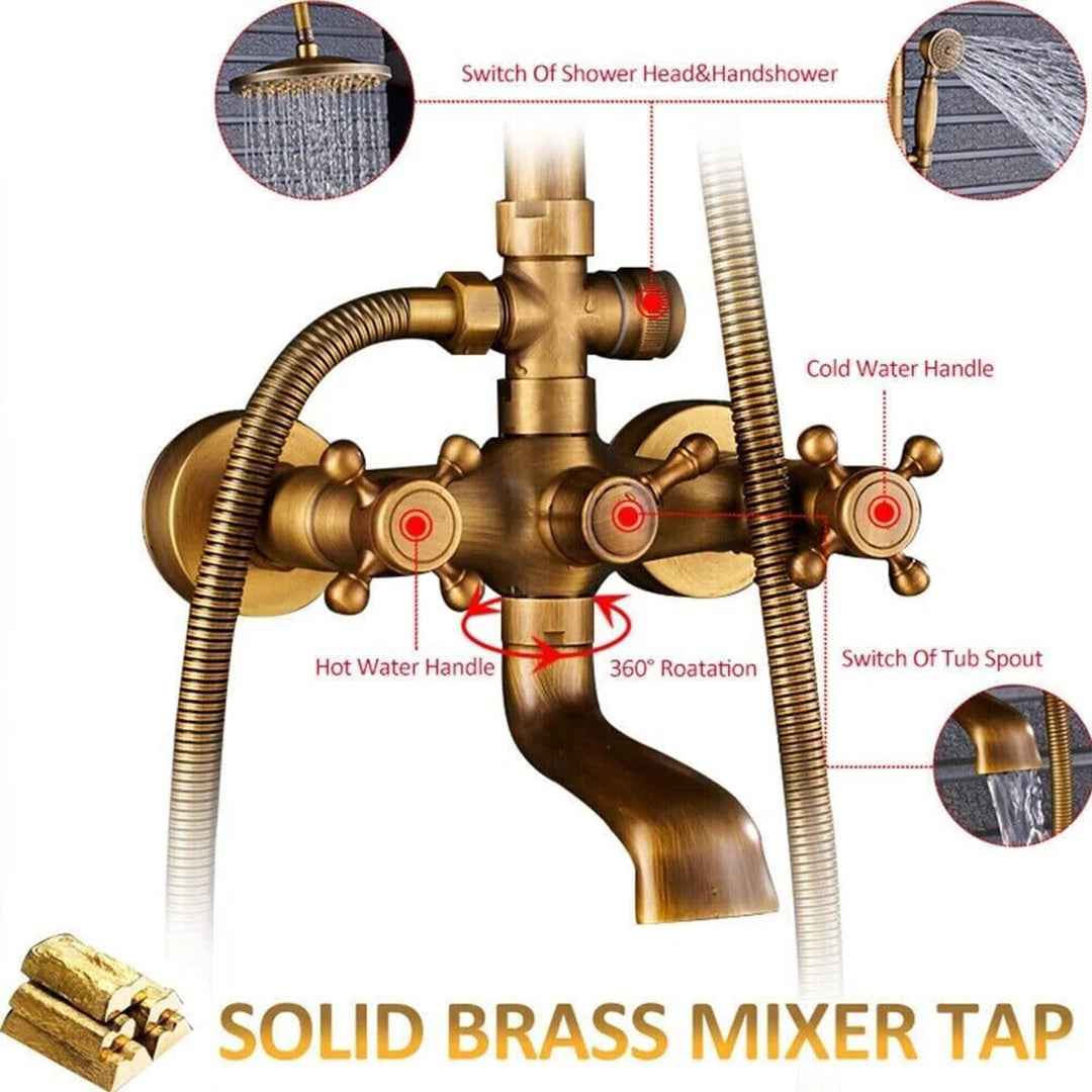Antique Brass Exposed Shower System Bathroom 8"Rain Shower Faucet Set Tub Filler