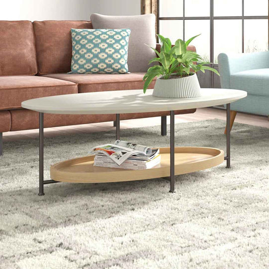 Beaumont Oval Coffee Table – White & Natural Wood Finish with Metal Frame