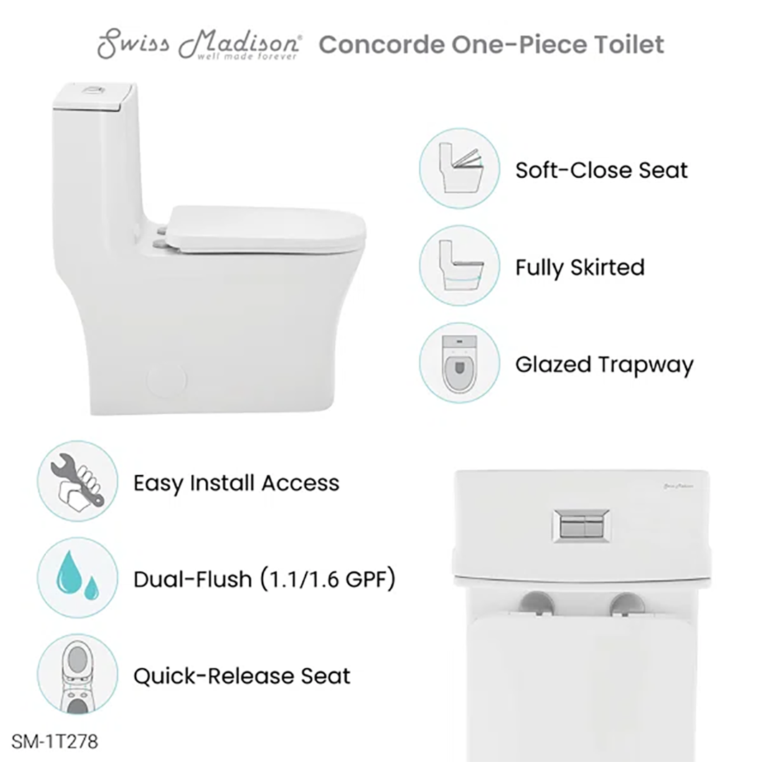Concorde One-Piece Square Toilet – 14" Rough-In, Dual Flush 1.1/1.6 GPF