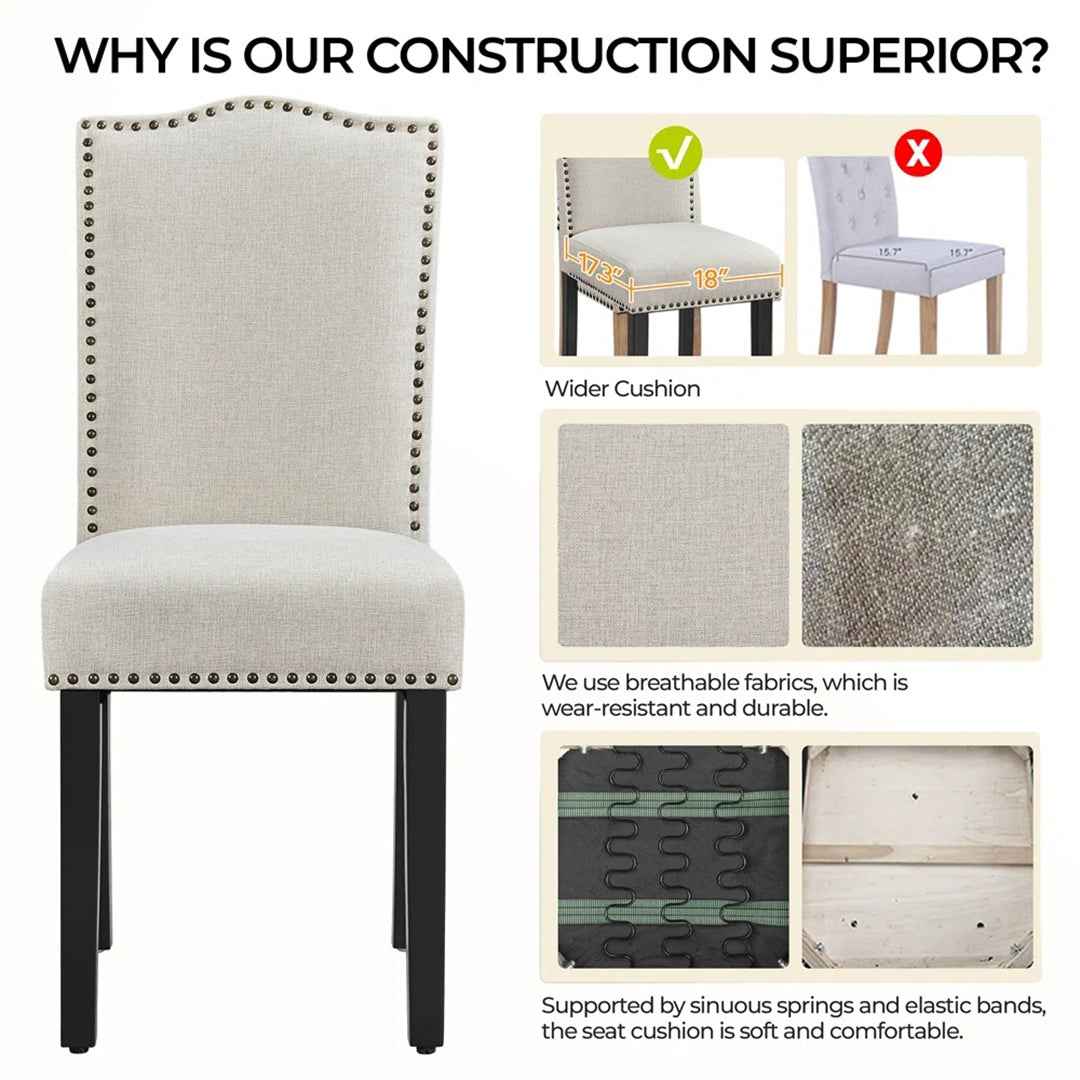 Set of 2 Modern Fabric Upholstered Dining Chairs with Nailhead Trim – Elegant & Comfortable Seating