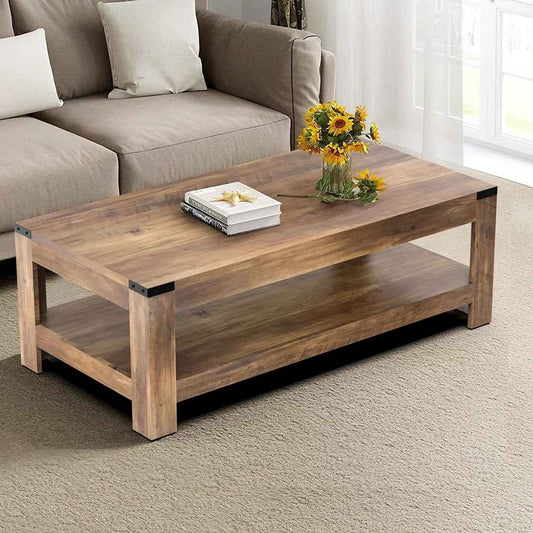 Damika Rectangular Coffee Table with 2-Tier Storage – Rustic Oak Finish