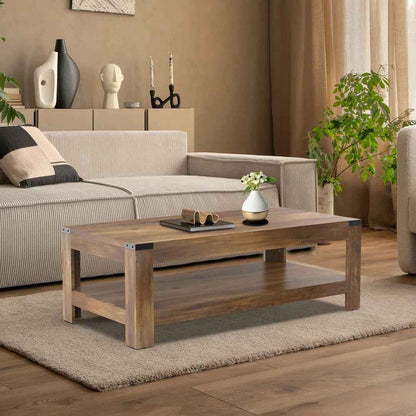 Damika Rectangular Coffee Table with 2-Tier Storage – Rustic Oak Finish