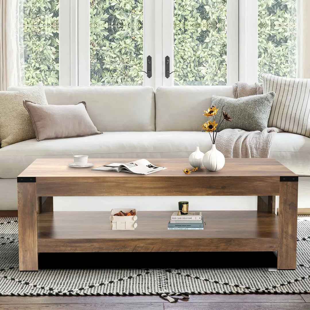 Damika Rectangular Coffee Table with 2-Tier Storage – Rustic Oak Finish